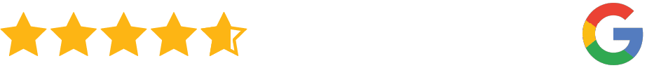 Five yellow stars with one half-filled, representing a 4.5 out of 5-star rating, next to the colorful Google G logo on a white background.
