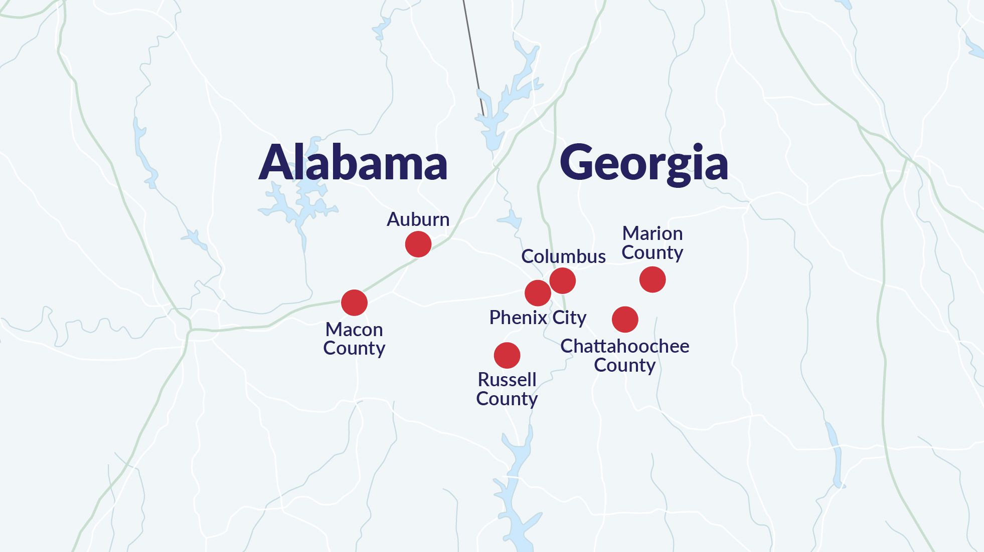 A map of Alabama and Georgia displays red dots marking Auburn, Columbus, Phenix City, and several nearby counties.